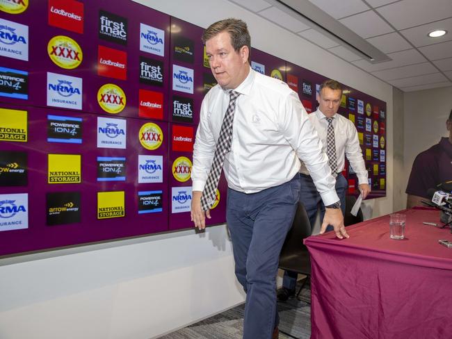 L-R, Broncos Chairman Karl Morris and CEO Paul White front the media to explain why Wayne Bennett left the club. Picture: Glenn Hunt/The Australian