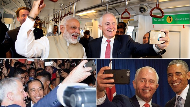 Our Prime Minister never misses an opportunity to take a selfie; from top clockwise; Malcolm Turnbull and his Indian counterpart, Narendra Modi, on the New Delhi metro, Turnbull and former US President Barack Obama in Peru, Turnbull and Indonesian president Joko Widodo at a market in Jakarta. Picture: Twitter