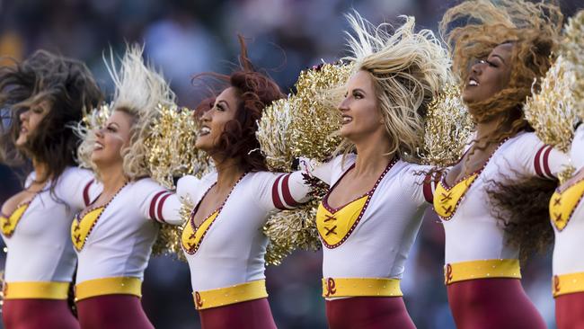 LANDOVER, MD - DECEMBER 15: Washington Redskins cheerleaders perform during the first half of the game against the Philadelphia Eagles at FedExField on December 15, 2019 in Landover, Maryland. (Photo by Scott Taetsch/Getty Images)