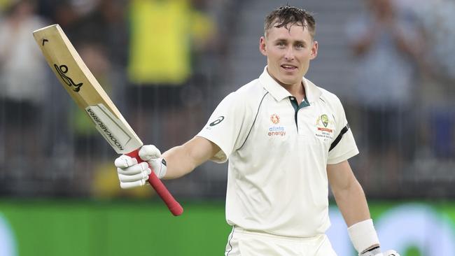 Labuschagne celebrates bringing up his century on Thursday. Picture: AP