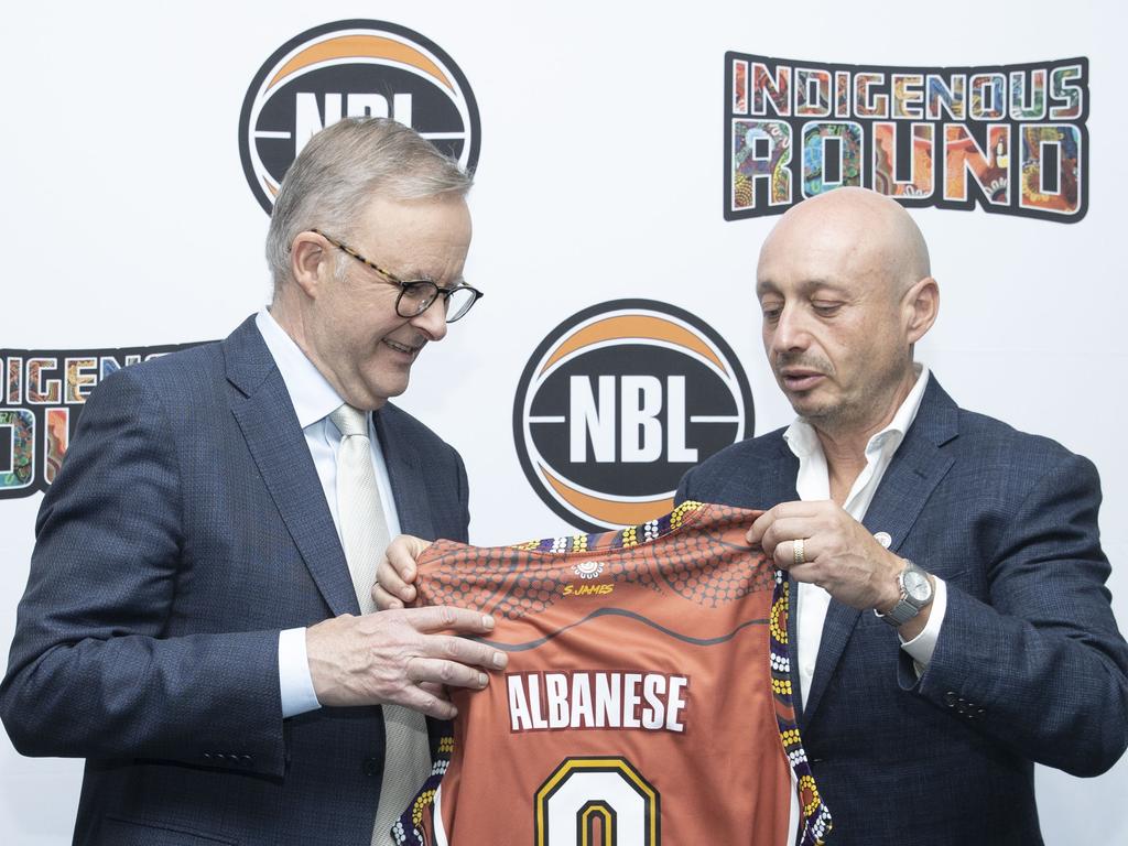 NBL co-owner Larry Kestelman, with PM Anthony Albanese, launching the league’s Indigenous Round. Picture: NCA NewsWire / Gary Ramage.