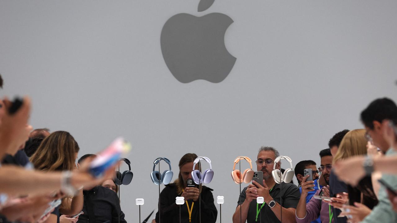 The new Apple AirPods Max are displayed at Apple Park. (Photo by JUSTIN SULLIVAN / GETTY IMAGES NORTH AMERICA / Getty Images via AFP)