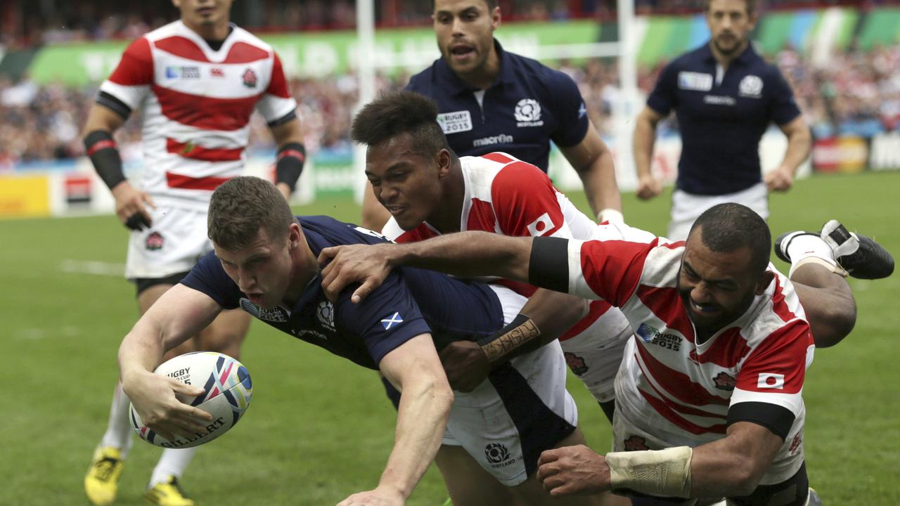 Scotland’s Mark Bennett scores a try against Japan at the 2015 Rugby World Cup.