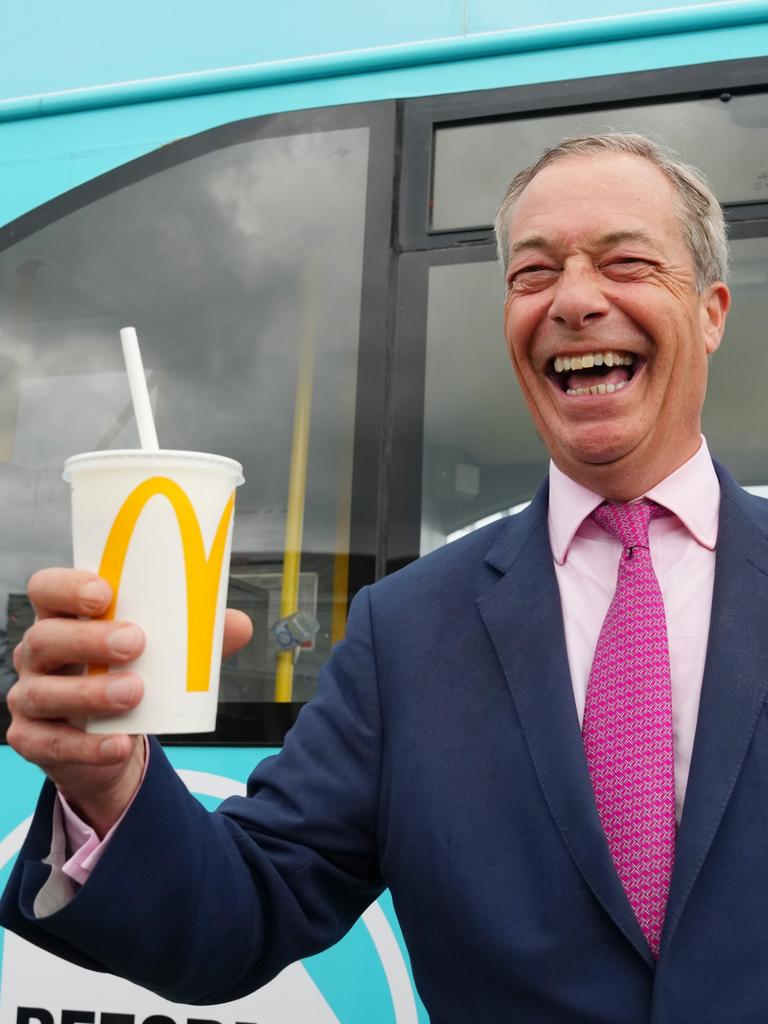 The Reform UK party leader later made light of the incident, stating ‘my milkshake brings all the people to the rally’. Picture: Carl Court/Getty Images