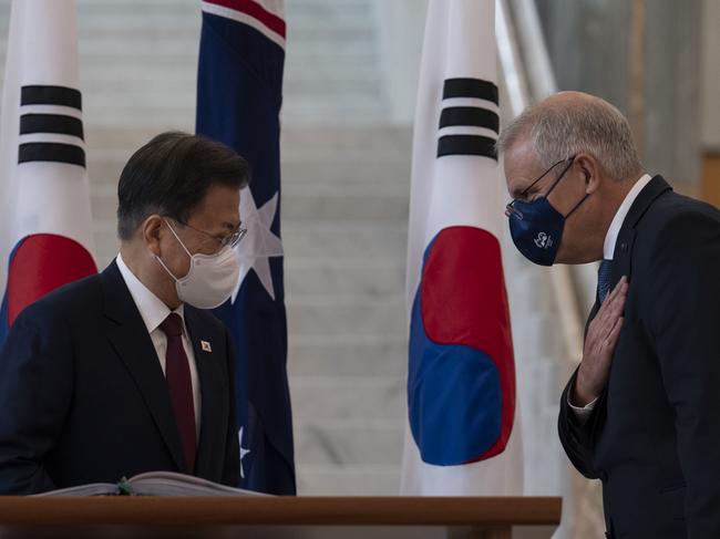 CANBERRA, AUSTRALIA - NewsWire Photos DECEMBER 13, 2021: POOL Prime Minister of Australia Scott Morrison and Jenny Morrison greet His Excellency Mr Moon Jae-in, President of the Republic of Korea and Mrs Kim Jung-Sook at Parliament House, Canberra. Picture : NCA NewsWire / Martin Ollman