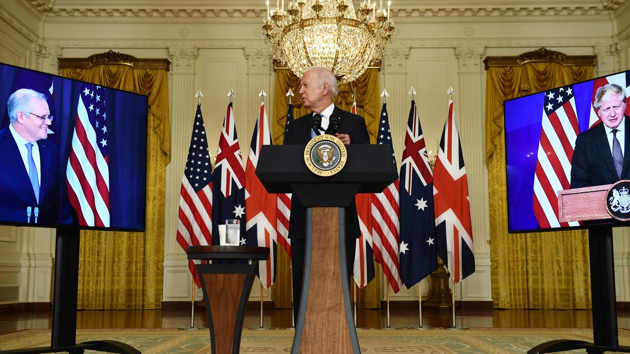 US President Joe Biden participates in a virtual press conference on national security with British Prime Minister Boris Johnson and Prime Minister Scott Morrison. Picture: Brendan Smialowski/AFP