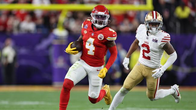 Rashee Rice #4 of the Kansas City Chiefs runs the ball during Super Bowl LVIII at Allegiant Stadium. (Photo by Ezra Shaw/Getty Images)