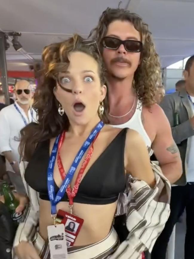 Abbie Chatfield with Peking Duk's Adam Hyde at the Melbourne Grand Prix. Picture: Instagram