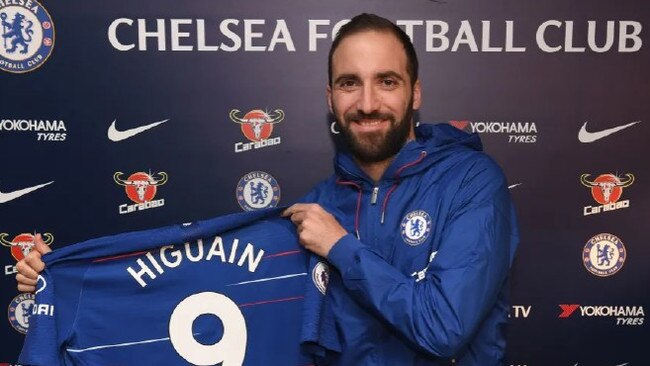 Gonzalo Higuain with his No.9 Chelsea jumper.