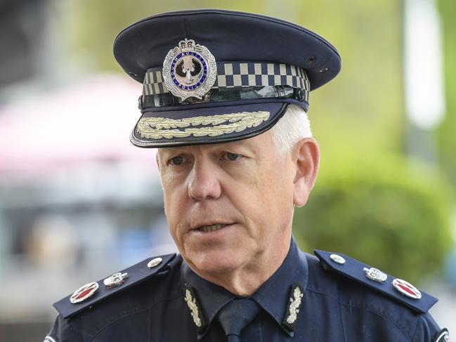 Wednesday SEPTEMBER 20 2023 Police Commissioner Grant Stevens at a press conference outside 5AA building. Picture:  Roy VanDerVegt