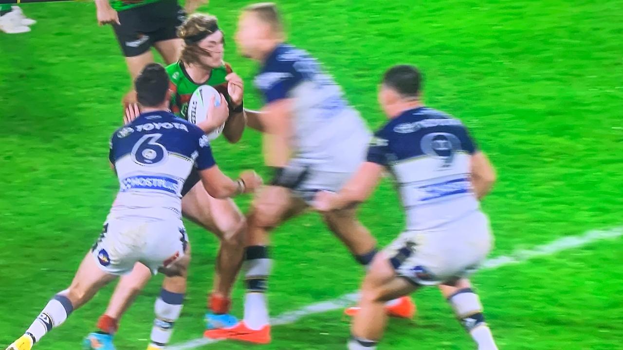 Cowboys’ Coen Hess was sin binned for this collision with Campbell Graham. Photo: Fox Sports.