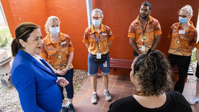 Premier Annastacia Palacsczuk and Mayor Elvie Sandow greet vaccine workers in Cherbourg. Picture: Lachie Millard