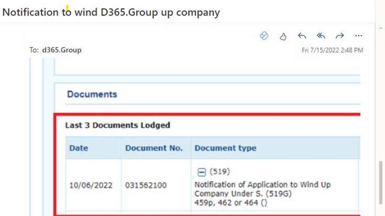 The email also pointed out the company was involved in winding up proceedings.