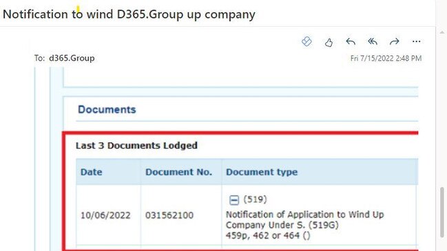 The email also pointed out the company was involved in winding up proceedings.