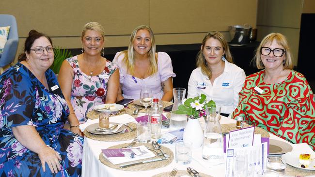 Kath Maclean, Kim Siegmann, Courtney McIntyre, Emily Waldron and Lorna Epps at the Cairns Women's Business Club International Women's Day lunch, held at the Hilton Hotel. Picture: Brendan Radke