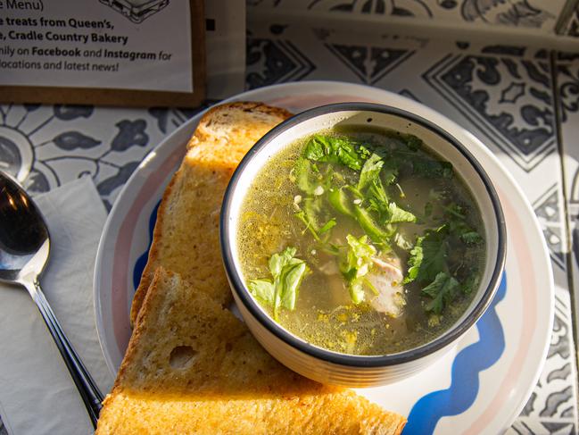 Little Amsterdam cafe in Battery Point. Soup of the day with chicken, coriander, ginger and green chilli.Picture: Linda Higginson