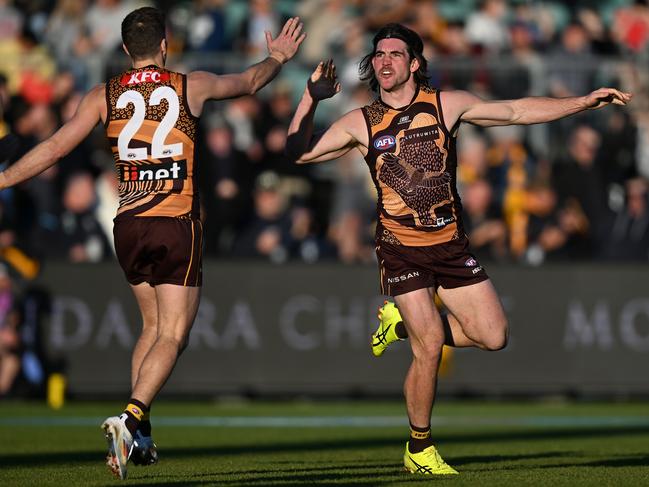 Jai Newcombe of the Hawks celebrates a goal in Launceston, Australia. Picture: Steve Bell/Getty Images.