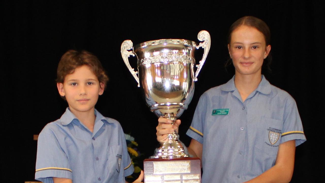 Kade Harrison and Ruby Cran with the house champion trophy at the St Catherine’s Catholic College Awards Night. Picture: Supplied