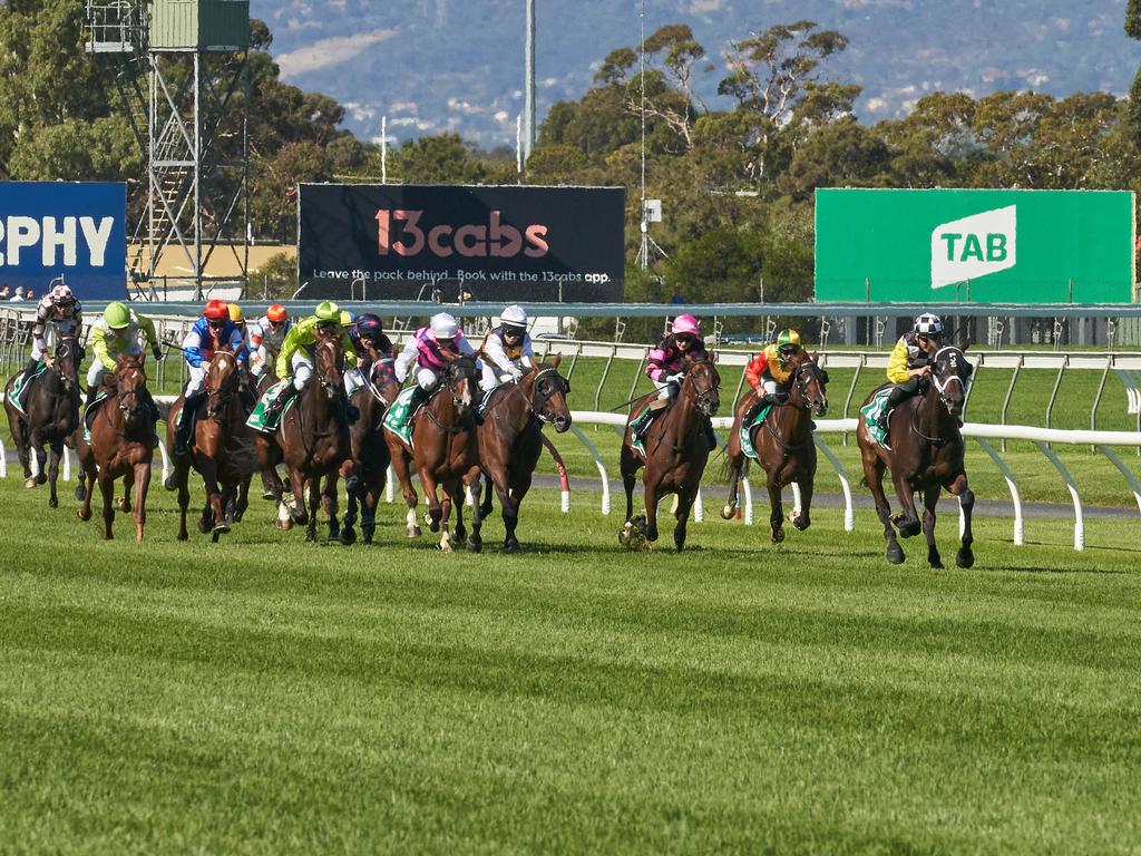 Ben Thompson riding Good Idea well out in front in the Adelaide Cup at Morphettville Racecourse, Monday, March 8, 2021. Picture: MATT LOXTON