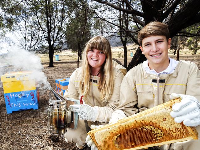 Laura McDowell 13 and Luke de Laeter 17 prepare for the Australian Meeting for Young Bee Keepers at Coolgardie Farm, Richmond. PICTURE CHRIS KIDD