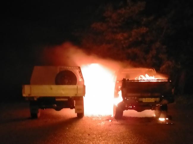 A car was engulfed in flames in the Mandorah Jetty carpark. Picture: Facebook