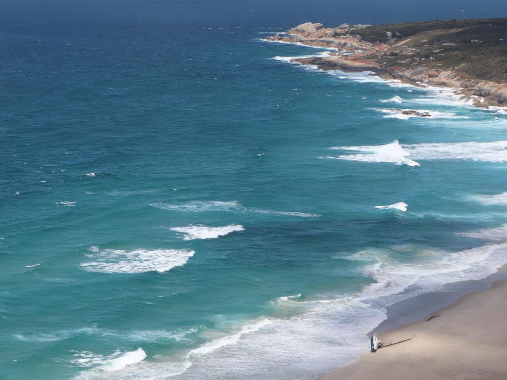 Tasmanian-owned yacht, the Huntress, washed up on Cape Barren Island on January 4 after being adrift at sea for several days when it was damaged during the 2022 Sydney to Hobart yacht race. Pic was taken January 5. Picture; Aboriginal Land Council Tasmania.