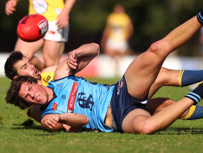 6.5.2018.SANFL: Sturt v Eagles at Unley Oval.Eagles Christopher Hall tackles Sturt's Hugo Munn.  PIC:TAIT SCHMAAL.