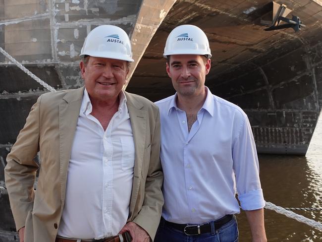 Andrew Forrest and Tattarang chief executive John Hartman at Austal's Alabama shipyards.