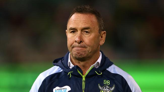 CANBERRA, AUSTRALIA - APRIL 17:  Raiders coach Ricky Stuart looks on before the round six NRL match between the Canberra Raiders and the Parramatta Eels at GIO Stadium on April 17, 2021, in Canberra, Australia. (Photo by Matt Blyth/Getty Images)