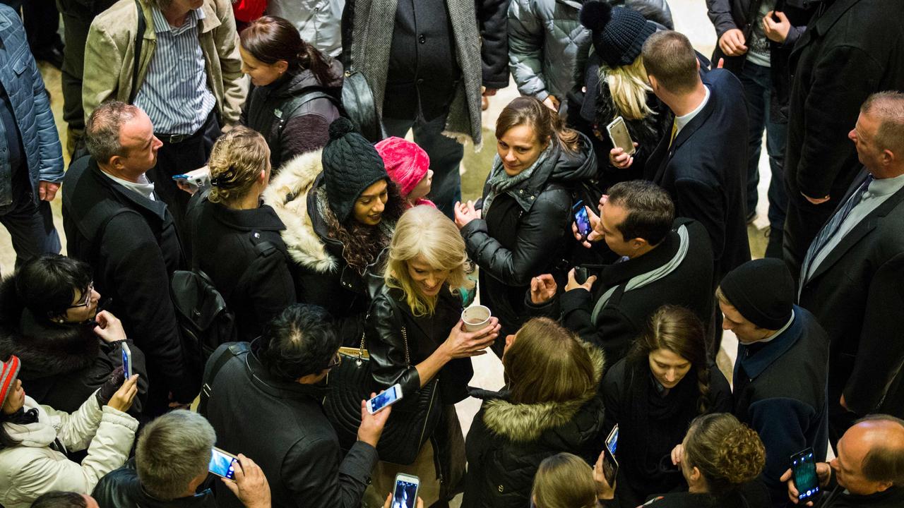 Conway is pictured surrounded by Trump supporters in New York. Conway was appointed as counsellor to the president after he claimed that she played a crucial role in his victory, making her the highest-ranking woman in the White House. Picture: AFP