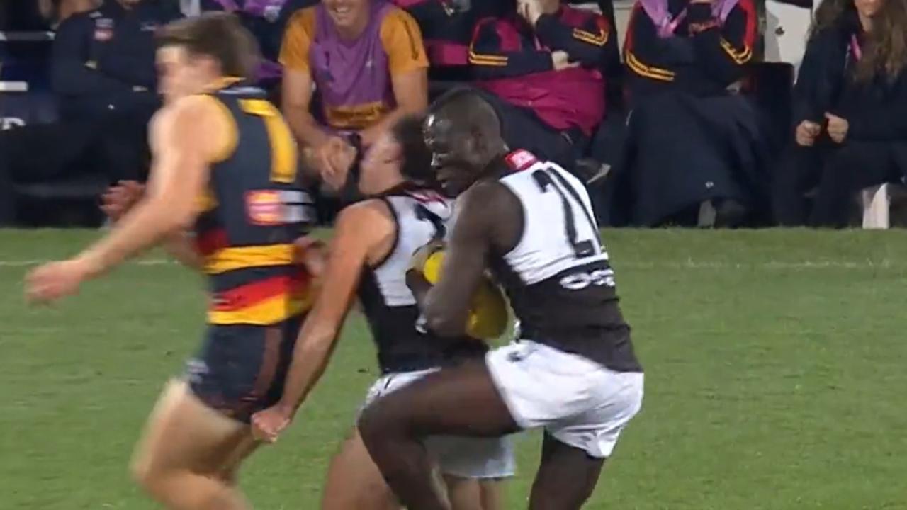 The moment Aliir Aliir and Lachie Jones clashed heads in the Showdown. Picture: Fox Sports.