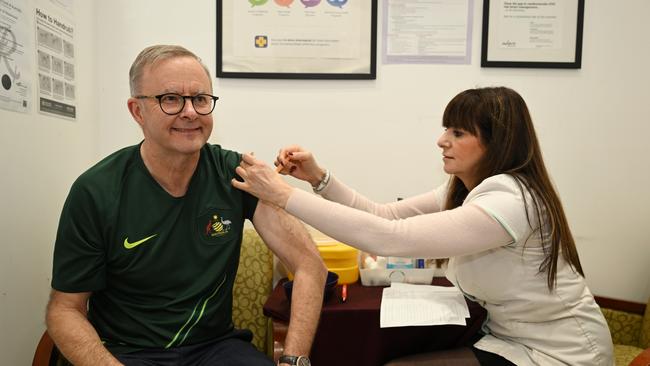 Australian Prime Minister Anthony Albanese at the Adore Compounding Pharmacy receives his fourth dose of the Covid-19 vaccine in Rozelle, Sydney, Tuesday, July 12, 2022. Prime Minister Anthony Albanese will depart for the Pacific Islands Forum being held in Fiji tomorrow. Picture: NCA NewsWire / POOL / Dean Lewins