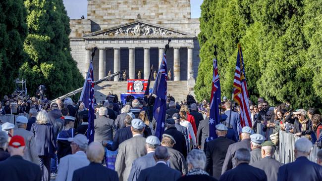 Melbourne’s Anzac Day March arrives at the Shrine of Remembrance. Picture: NCA NewsWire/David Geraghty