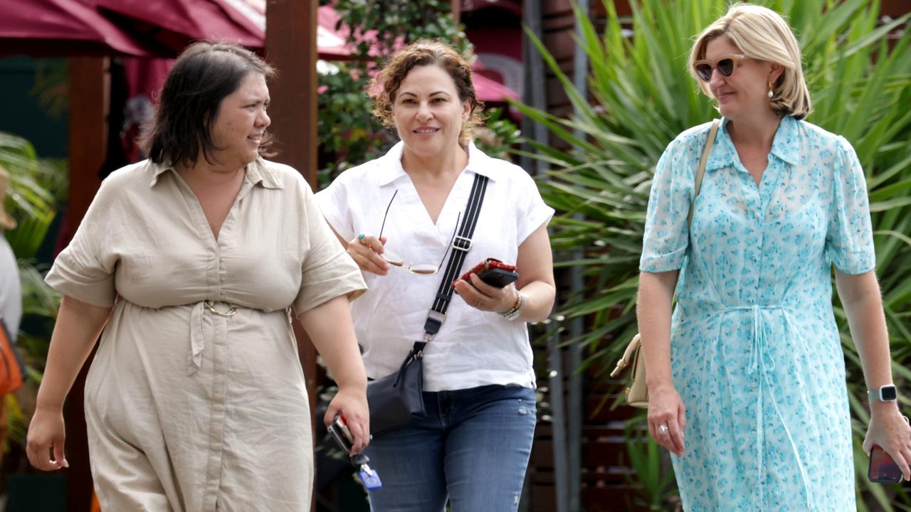 Jackie Trad (centre) with outgoing minister Shannon Fentiman (right) on Sunday. Picture: Steve Pohlner