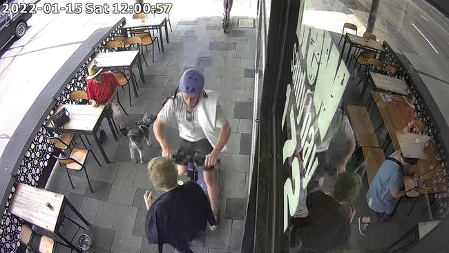 CRASH: A Beam e-scooter rider runs headlong into a woman outside the Brew cafe on Sandy Bay Road. Picture: Supplied