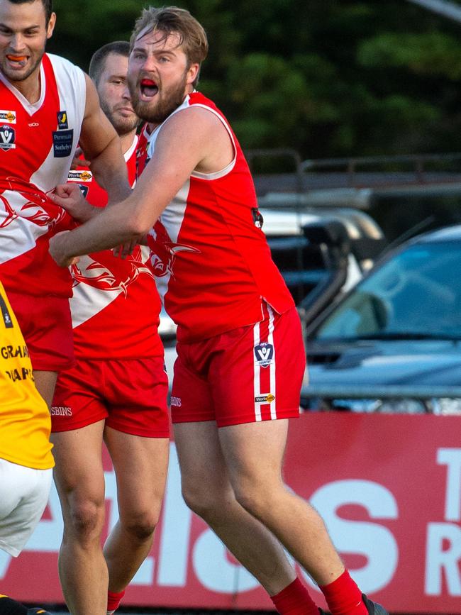 Sorrento's Leigh Poholke celebrates a goal. Picture: Jay Town