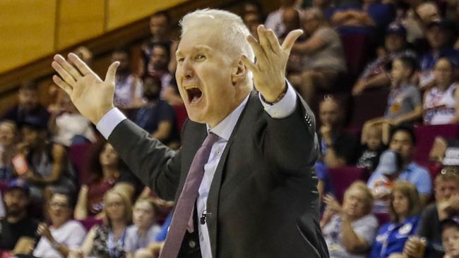 Andrew Gaze gets a little animated against Brisbane on Saturday night.