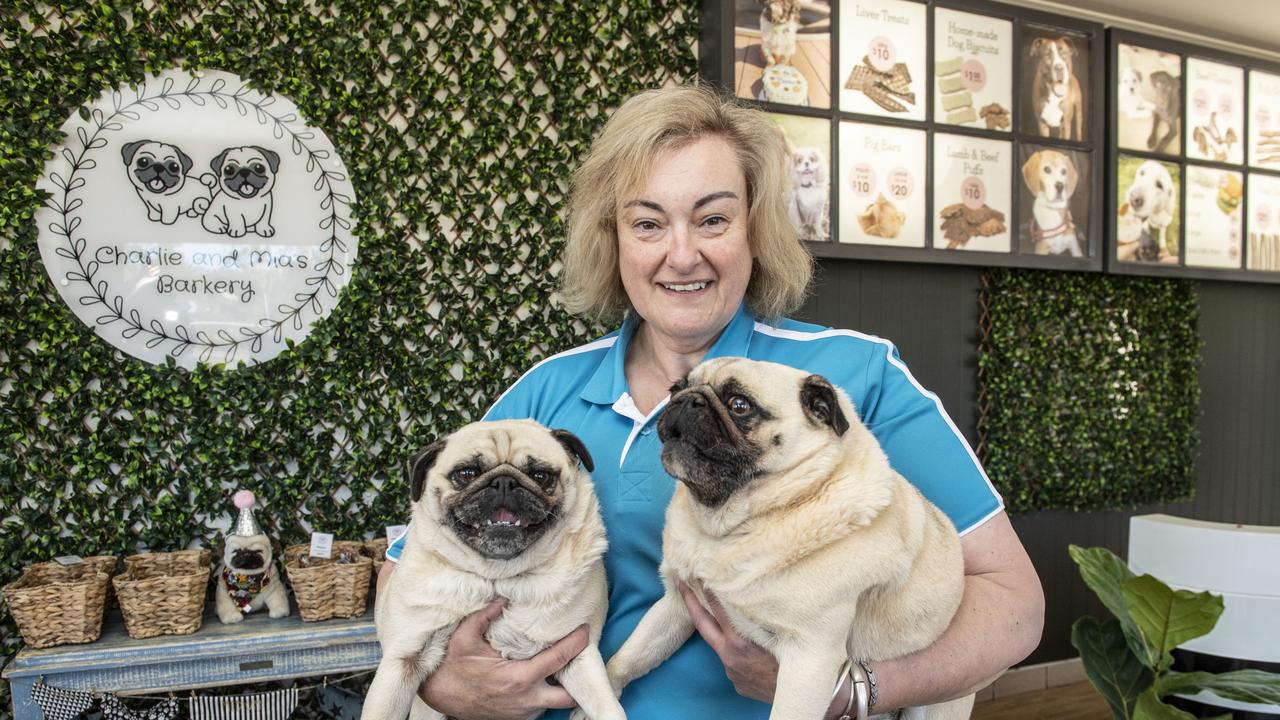 Rita Faulks with Mia and Charlie. Charlie and Mia's Barkery. Wednesday, July 27, 2022. Picture: Nev Madsen.