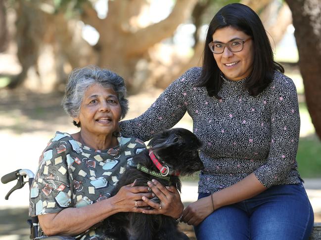 08/11/2019. Tania Teague with her mum Anita Teague and pet Terrier dog Walter, photographed in East Lindfield in Sydney's North. Tania has cared for her mum Anita, who suffers from a degenerative condition and can no longer live independently, in an informal capacity and is calling for more support for the thousands of Australians like herself in the wake of the aged care royal commission's interim report. Britta Campion / The Australian