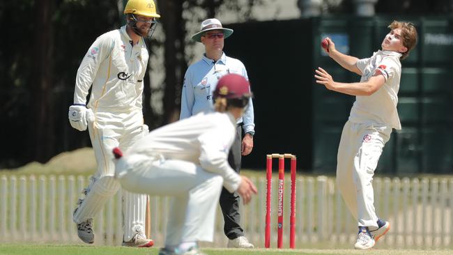 Rafael MacMillan of St George bowls during round 5 of the NSW Premier Grade cricket match between Fairfield Liverpool DCC and St George DCC at Rosedale Oval on November 12, 2022 in Warwick Farm, Australia. (Photo by Jeremy Ng/Newscorp Australia)