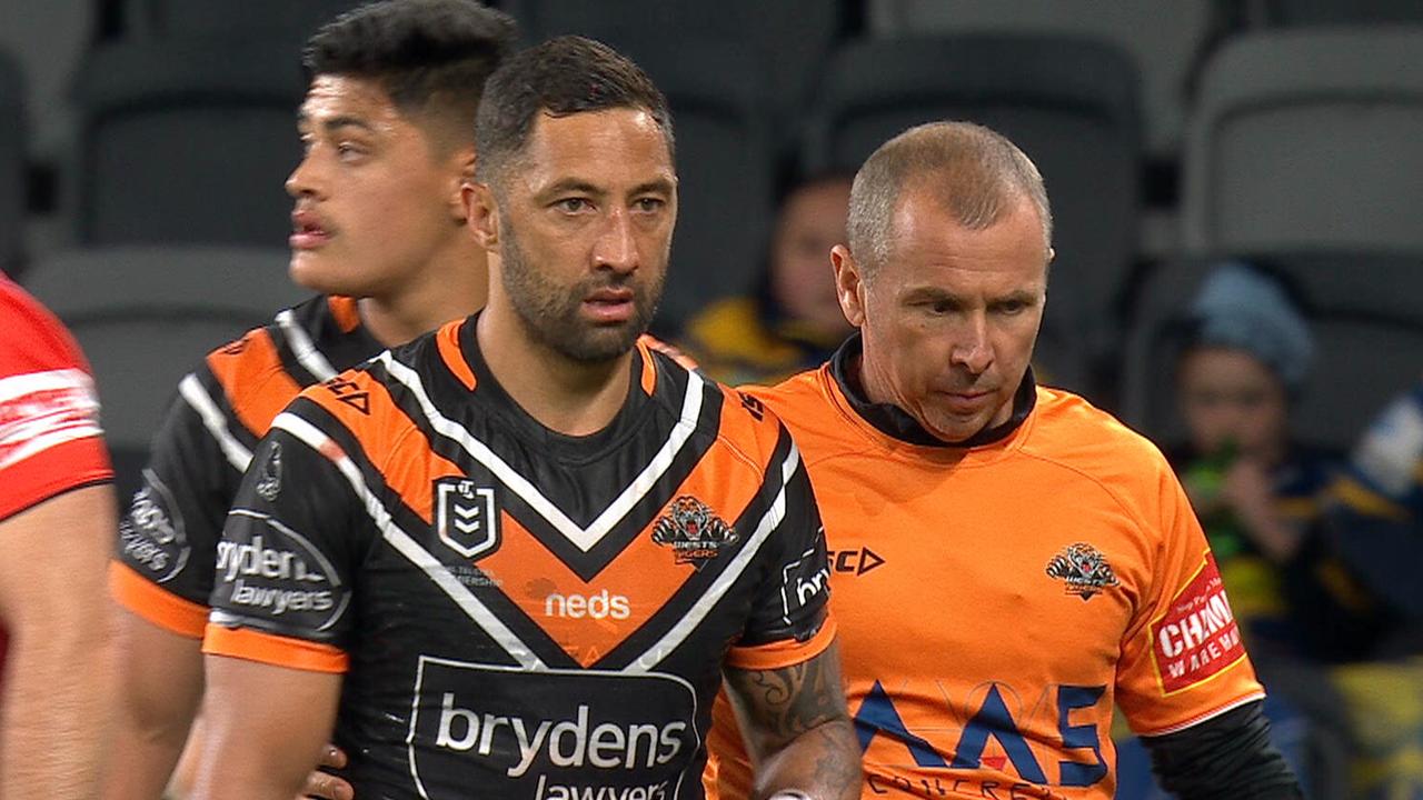 Benji Marshall leaves the field injured.