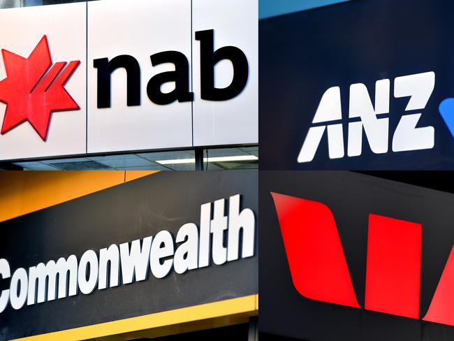 A composite image of signage of Australia's 'big four' banks ANZ, Westpac, the Commonwealth Bank (CBA) and the National Australia Bank (NAB) signage in Sydney, Saturday, May 5, 2018. (AAP Image/Joel Carrett) NO ARCHIVING