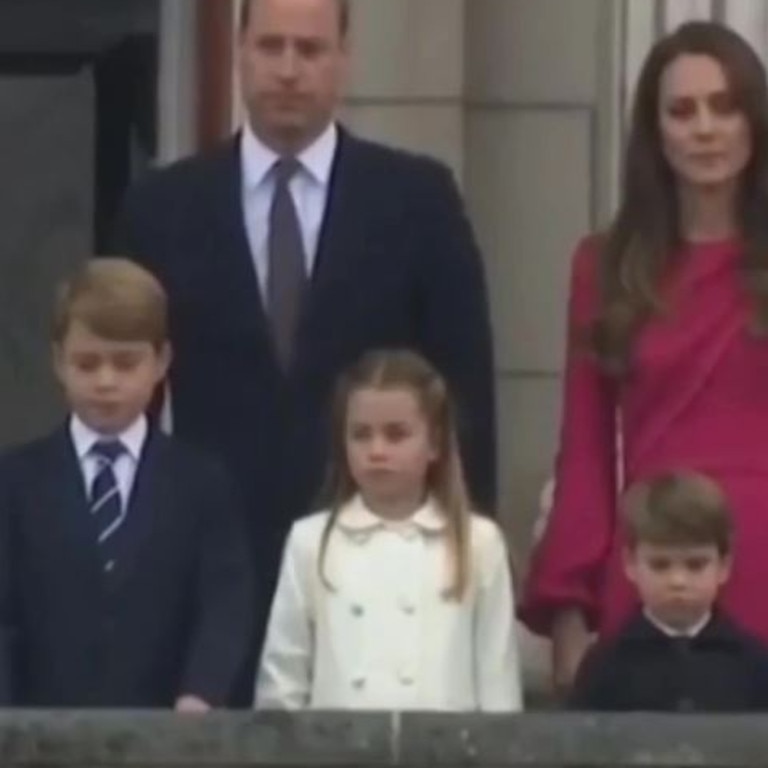 Princess Charlotte subtly nudged Prince George's arm, reminding him to stand up straight during the National Anthem. Picture: Instagram / Cambridge.edits