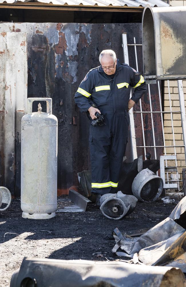 QFES fire investigator David Lethbridge at the scene of the fire at Jim's Jerky, Wednesday, April 5, 2023. Picture: Kevin Farmer