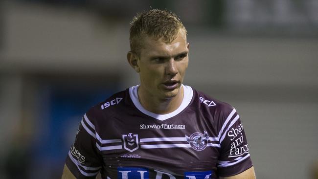 Tom Trbojevic of the Sea Eagles is injured during a preseason trial match between the Cronulla-Sutherland Sharks and Manly Warringah Sea Eagles at Southern Cross Group Stadium in Sydney, Saturday, February 23, 2019. (AAP Image/Craig Golding) NO ARCHIVING, EDITORIAL USE ONLY