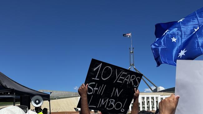 Refugees rally outside Parliament House. Picture: Julia Kanapathippillai.