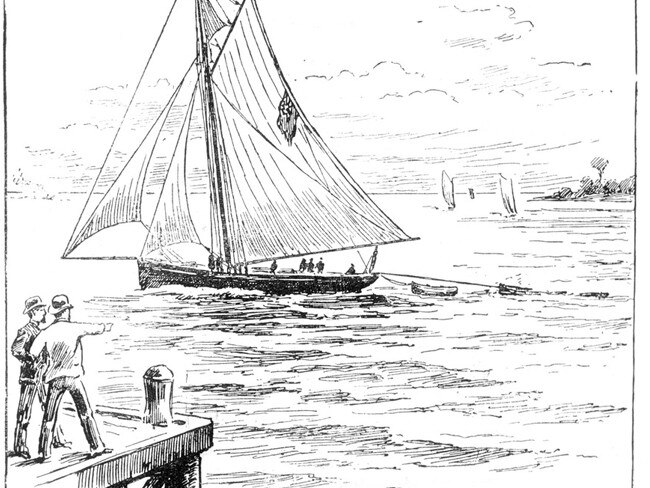 An illustration of the wrecked boat being towed to shore.