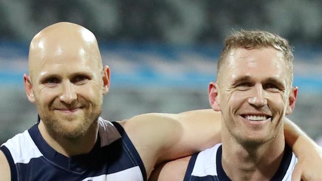 Footy Best of 2020 spread .. 25/12/2020. AFL Round 5. Geelong v Gold Coast at GMHBA Stadium, Geelong. 04/07/2020. Gary Ablett and Joel Selwood of the Cats walk off after their milestone games . Pic: Michael Klein