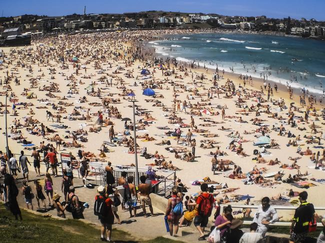 People relaxing at bondi beach on a sunny day