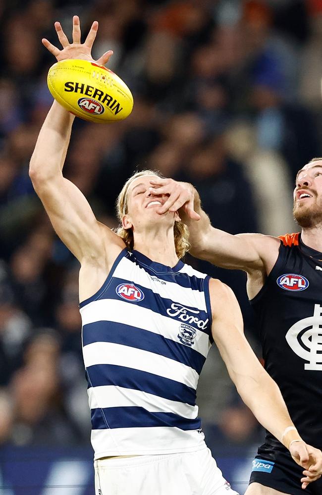 Sam De Koning was trialled as a ruckman on Friday night. Picture: Michael Willson/AFL Photos via Getty Images